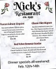 Nick's menu