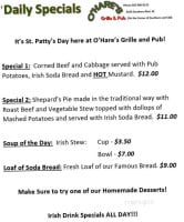 Ohares Grille Pub menu