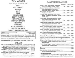 T K's Subs Six Packs menu