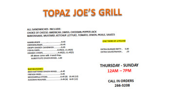 Topaz Joes Grill menu