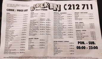 Fast Food Berekin menu