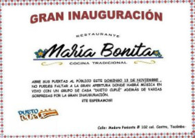 María Bonita/cocina Tradicional/ menu
