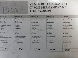 Bodega Casa Basilio menu