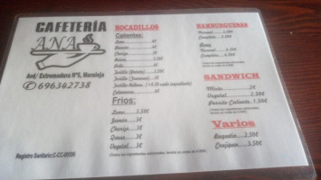 Cafetería Ana menu