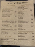 Z Y Bistro Wine Bar Restaurant menu