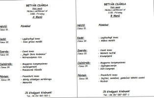 Betyar Csarda menu