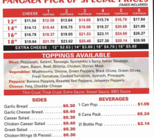 Pangaea Pizza menu