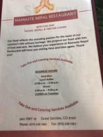 Namaste Nepal menu