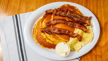 Pancakes With 2 Eggs And Bacon Breakfast