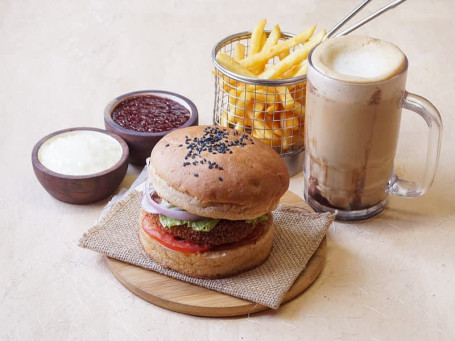 Chicken Jumbo Burger Fries Cold Coffee (Serves 1)