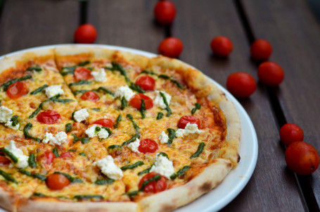 10 Cherry Tomato Roasted Garlic Mascarpone Basil Oil Pizza