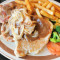 Grilled Pork Chops W/ Vegetable Fries Top With Home Made Gravy Fried Onion