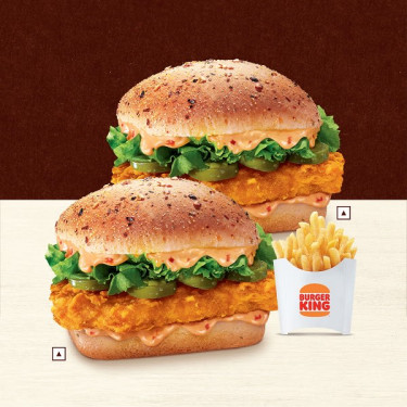 2 Hamburguesas De Pollo Fiery 1 Papas Fritas Med Gratis