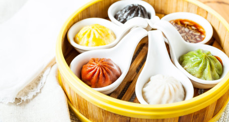 201. Rainbow Sampler Shanghai Dumplings Liù Cǎi Xiǎo Lóng Bāo
