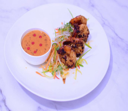Grilled Prawn Skewers Served With Peanut Sauce