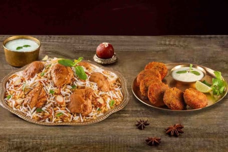 Hyderabadi Chicken Biryani (Spicy Lazeez Bhuna Murgh, Sirve 2) Murgh Haleem Kebab (6 Piezas)