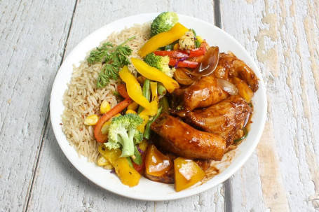 Brown Rice,Grilled Chilly Chicken Sauteed Veggies