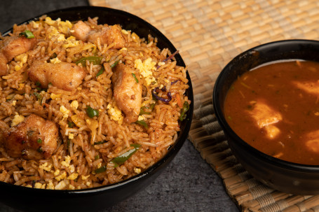 Schezwan Chicken Fried Rice With Chicken Manchurian Sauce