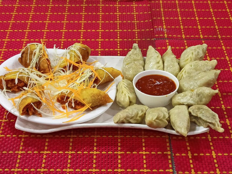 Steam Veg Momos 12 Pcs, Veg Spring Roll 6 Pcs, Served With Spicy Red Sauce And Green Chutney