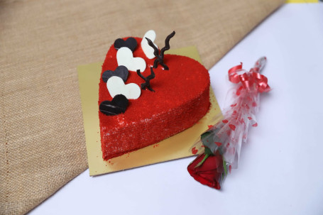 Heart Shape Red Velvet Cake With Single Rose [500 Grams]