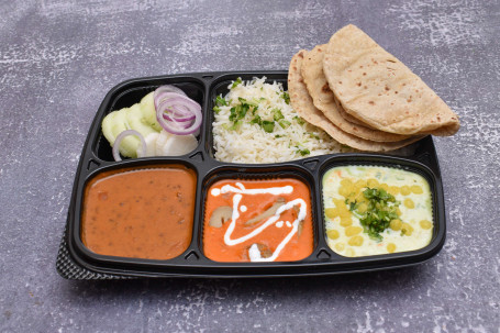 Homely Soya Chaap Kaali Dal Choice Of Rotis Rice Raita Salad
