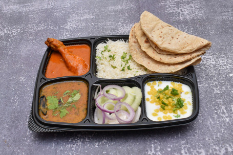 Homely Chicken Curry (1 Pc) Kaali Dal Choice Of Rotis Rice Raita Salad