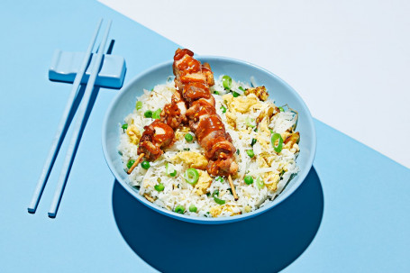 Spicy Satay Chicken Skewers On Egg Fried Rice