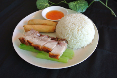 Roast Pork Rice With Spring Rolls