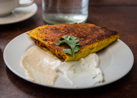 Avocado, Humous And Feta Quesadilla With House Humous And Tzatziki