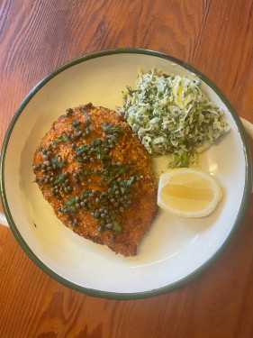 Chicken Schnitzel, Sage Butter Sauce, Cabbage Salad