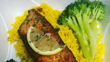 Salmon Over Yellow Rice Side Broccoli