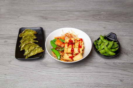 Meal M (Tofu Teriyaki On Rice, Spinach Gyoza (6Pcs), Edamame Beans)