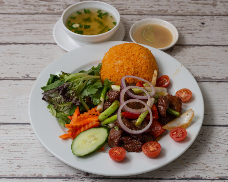Tomato Rice With Marinated Diced Rump Steak And Green Salad