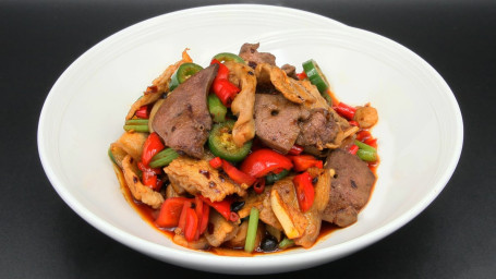 Xiāng Xī Tǔ Fěi Sān Yàng Zhū Gān， Zhū Dù， Wǔ Huā Ròu Sautéed Pork Combination Liver With Chili Peppers