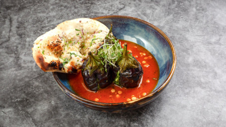 Baby Aubergines, Peanut Sauce, Garlic Nan