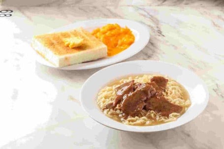 Shā Diē Niú Ròu Gōng Zǐ Miàn Cān Satay Beef Instant Noodle In Soup Scramble Egg/Sausages Thick Toast With Butter