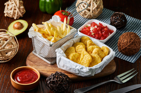 Fries And Chicken Nuggets With Salsa Mix And Corn Mix