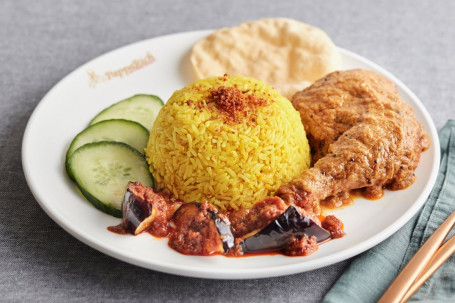 R28 Nasi Kunyit With Masala Fried Chicken And Sambal Eggplants