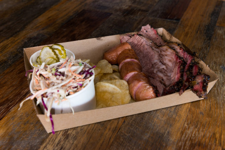 Brisket Box With Hot Link, Pickles, Crisps Slaw