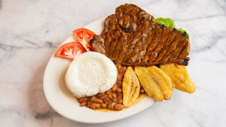 Grilled Beef Served With Rice, Beans Green Plantains