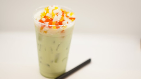 Honeydew Jasmine Green Milk Tea With Rainbow Jelly.